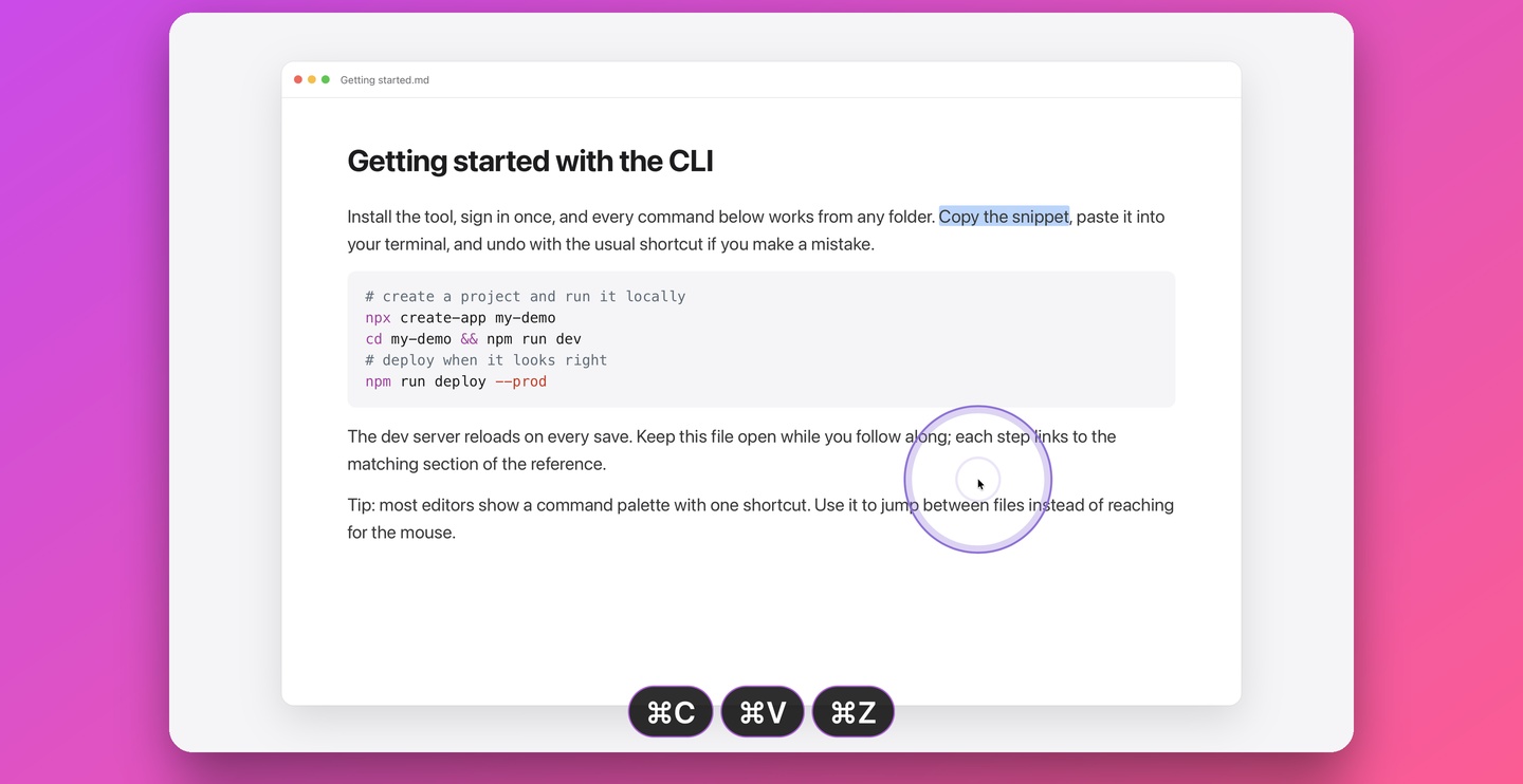 Pro Mouse Keystrokes showing command C, command V, and command Z as separate bubbles over a document