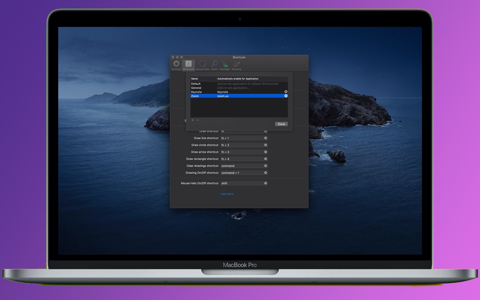 Pro Mouse Shortcut Sets preferences on a MacBook Pro